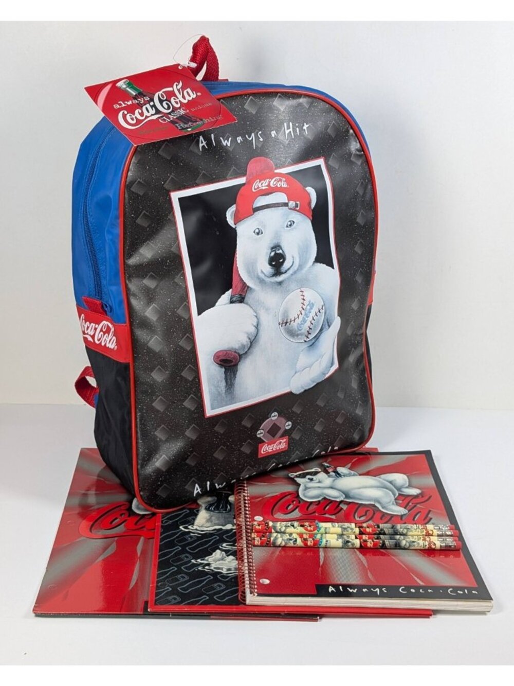 Coca-Cola Polar Bear Baseball Backpack Vintage 90s Nylon NWT + School Supplies